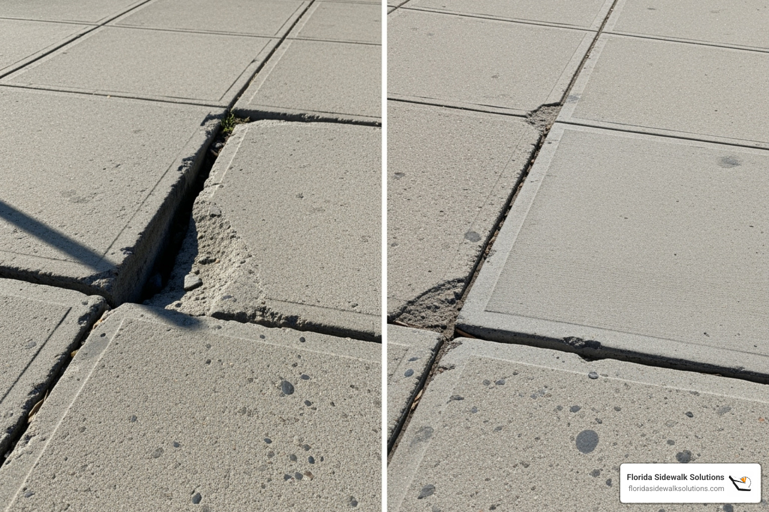 A before-and-after of a sidewalk trip hazard removed with a clean, precise cut - ADA compliant sidewalks