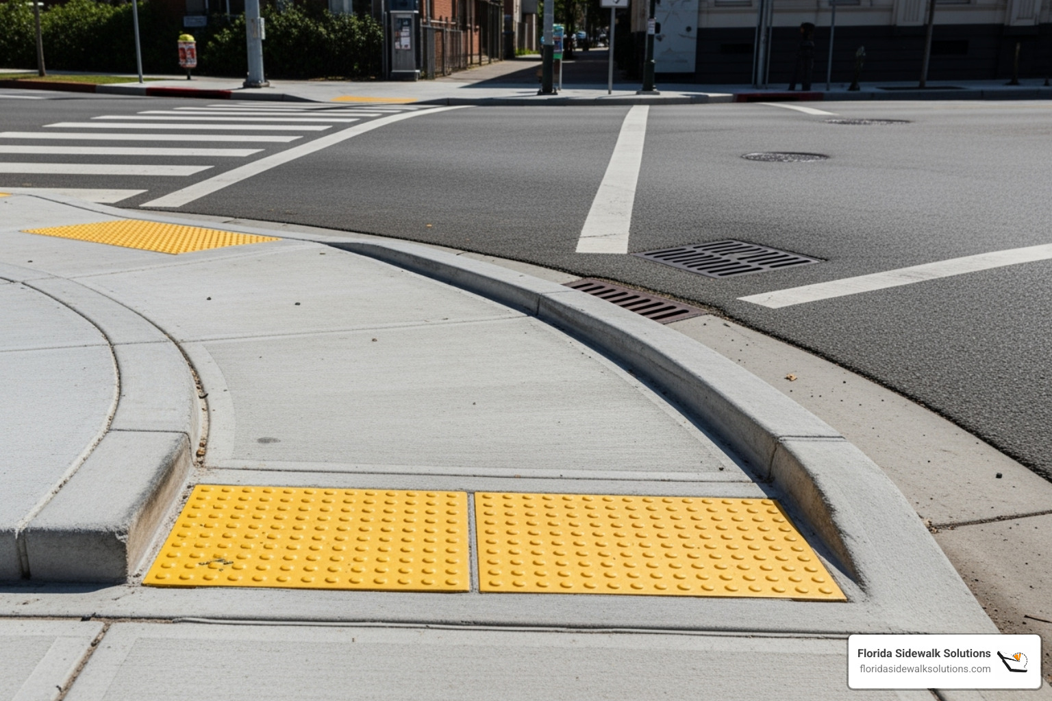 A compliant curb ramp with yellow truncated domes at a street corner - ADA compliant sidewalks