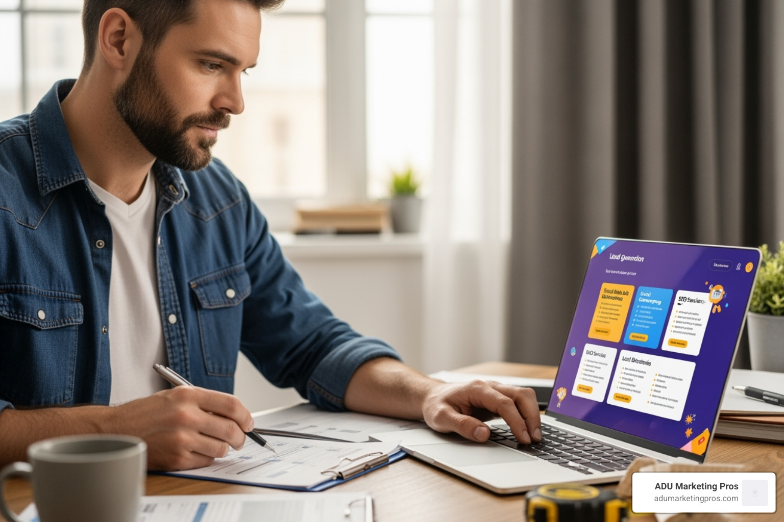 Contractor at a desk, comparing different lead generation options on a laptop, with a checklist in hand. - contractor lead generator