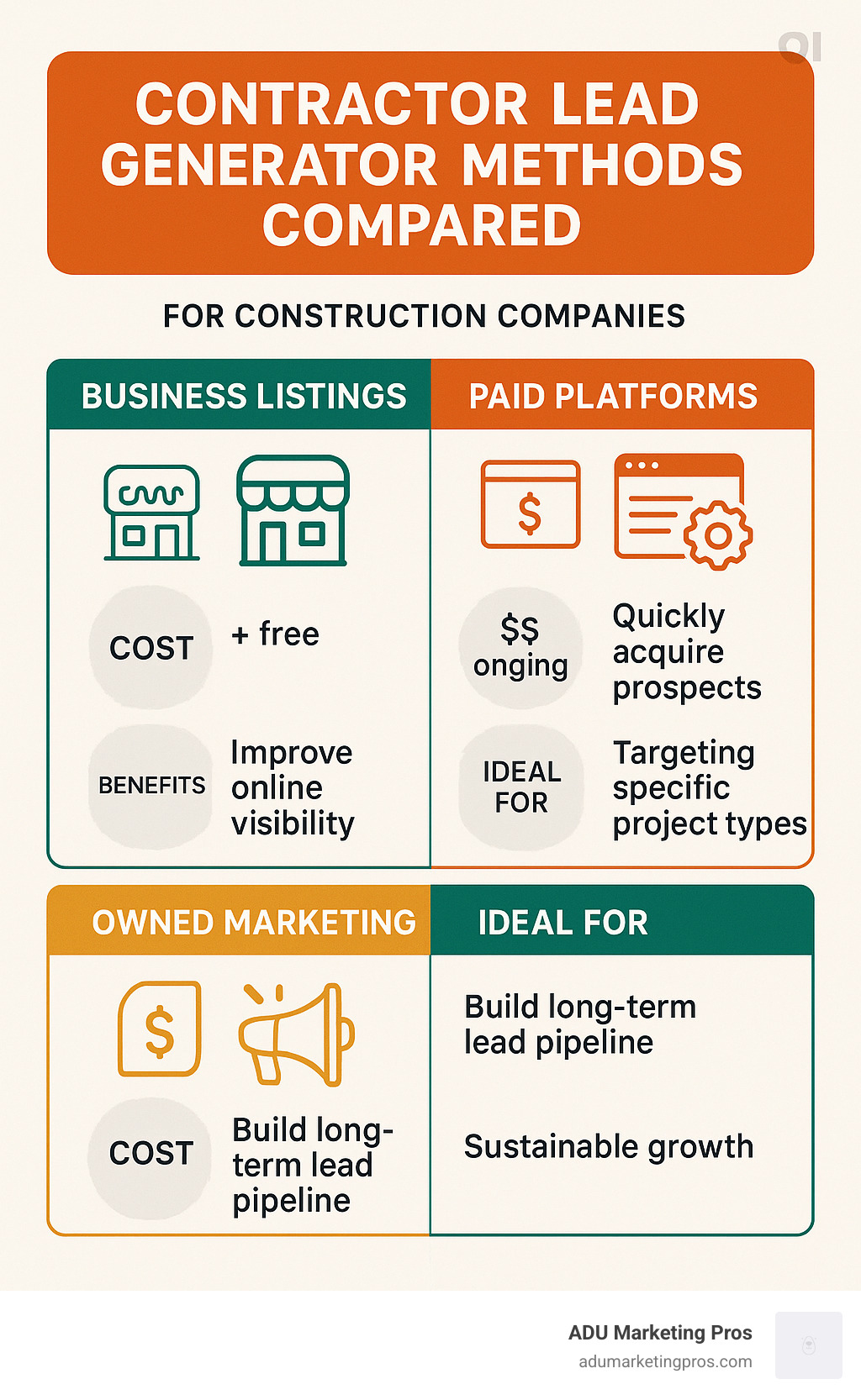Comprehensive comparison of contractor lead generation methods showing business listings, paid platforms, and owned marketing strategies with their respective costs, benefits, and ideal use cases for construction companies - contractor lead generator infographic 