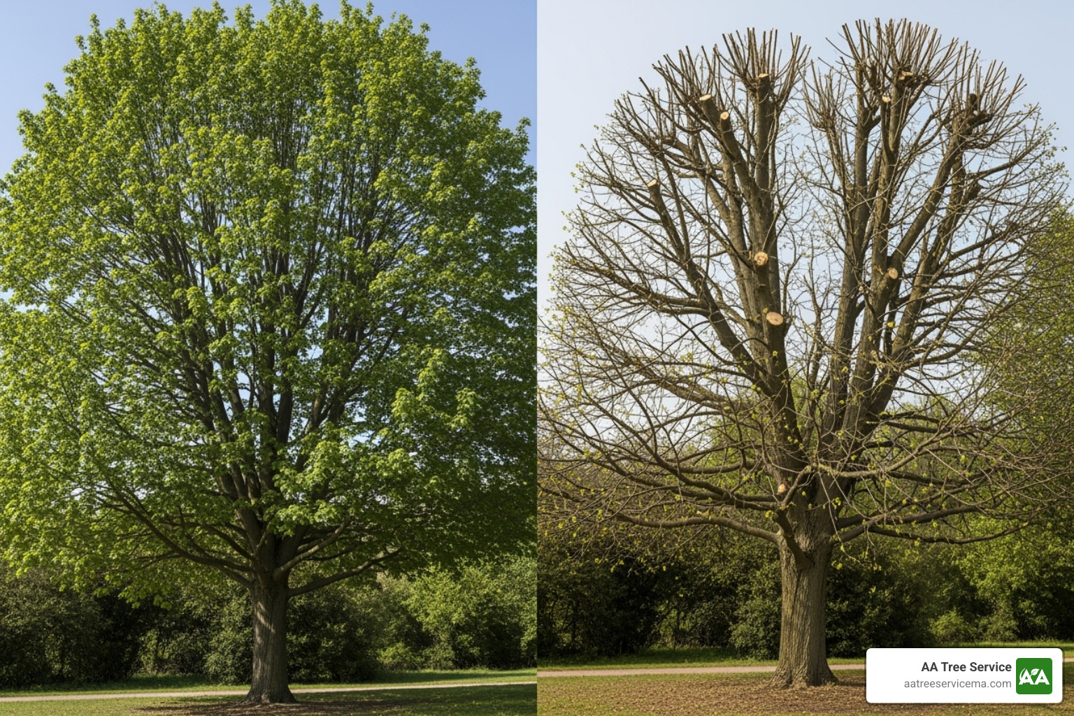 properly pruned tree compared to a "topped" tree with weak, bushy regrowth - ornamental tree pruning