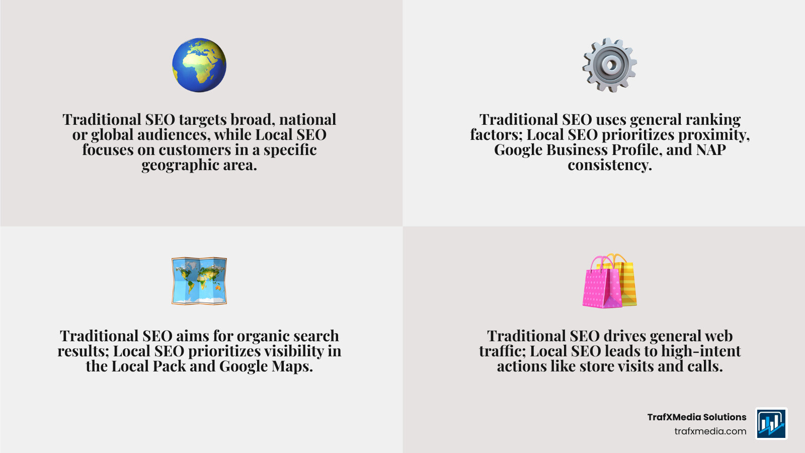Infographic explaining the key differences between traditional SEO and local SEO, highlighting elements like the Local Pack, proximity factors, and NAP consistency. - Local business SEO strategies infographic 4_facts_emoji_grey
