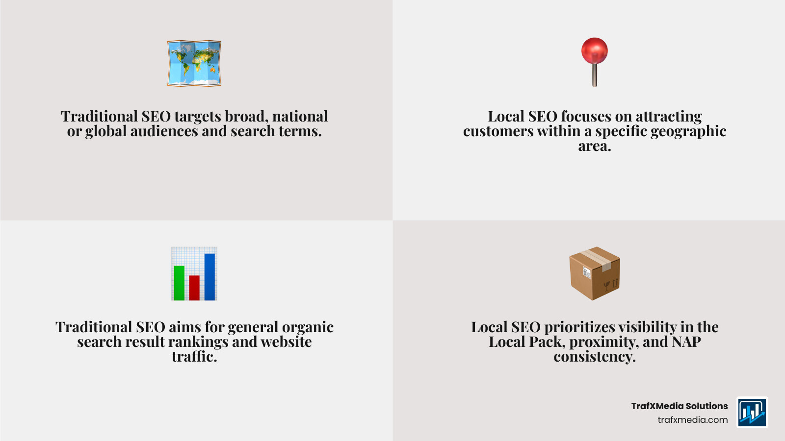 INFOGRAPHIC explaining the key differences between traditional SEO and local SEO, highlighting elements like the Local Pack, proximity factors, and NAP consistency. - Local business SEO strategies infographic 4_facts_emoji_grey