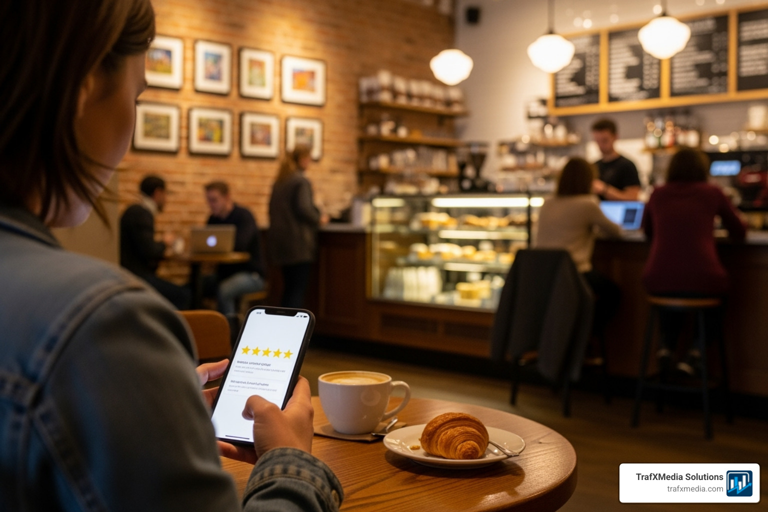 Customer leaving a five-star review for a local coffee shop - Local business SEO strategies