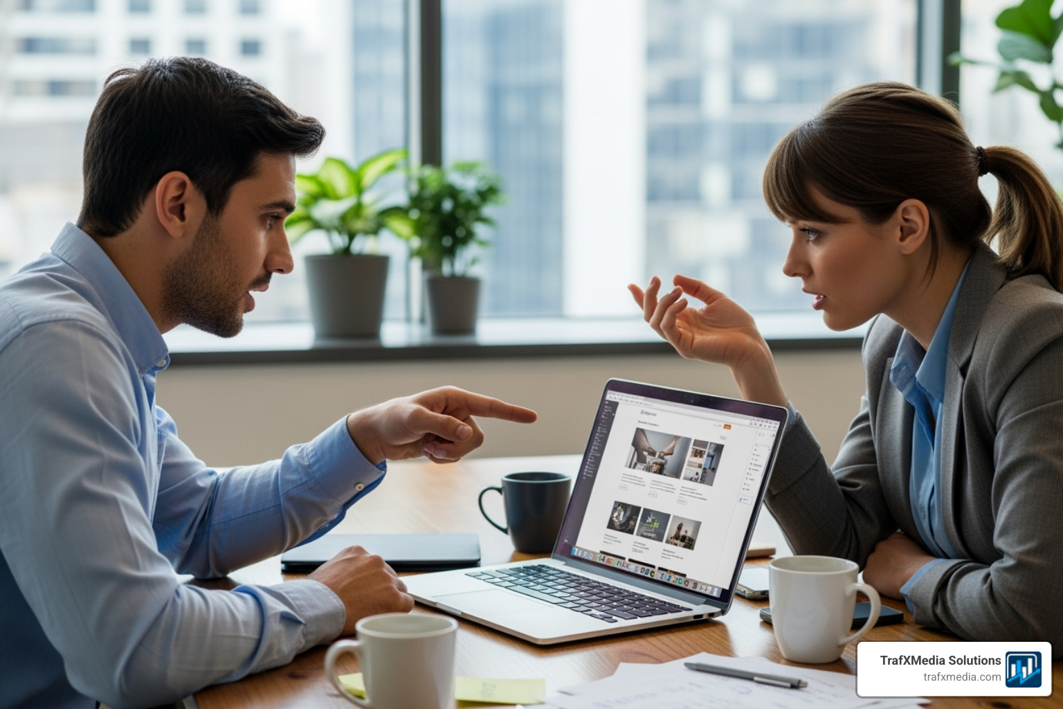 Man and woman collaborating on website design - Local business SEO strategies