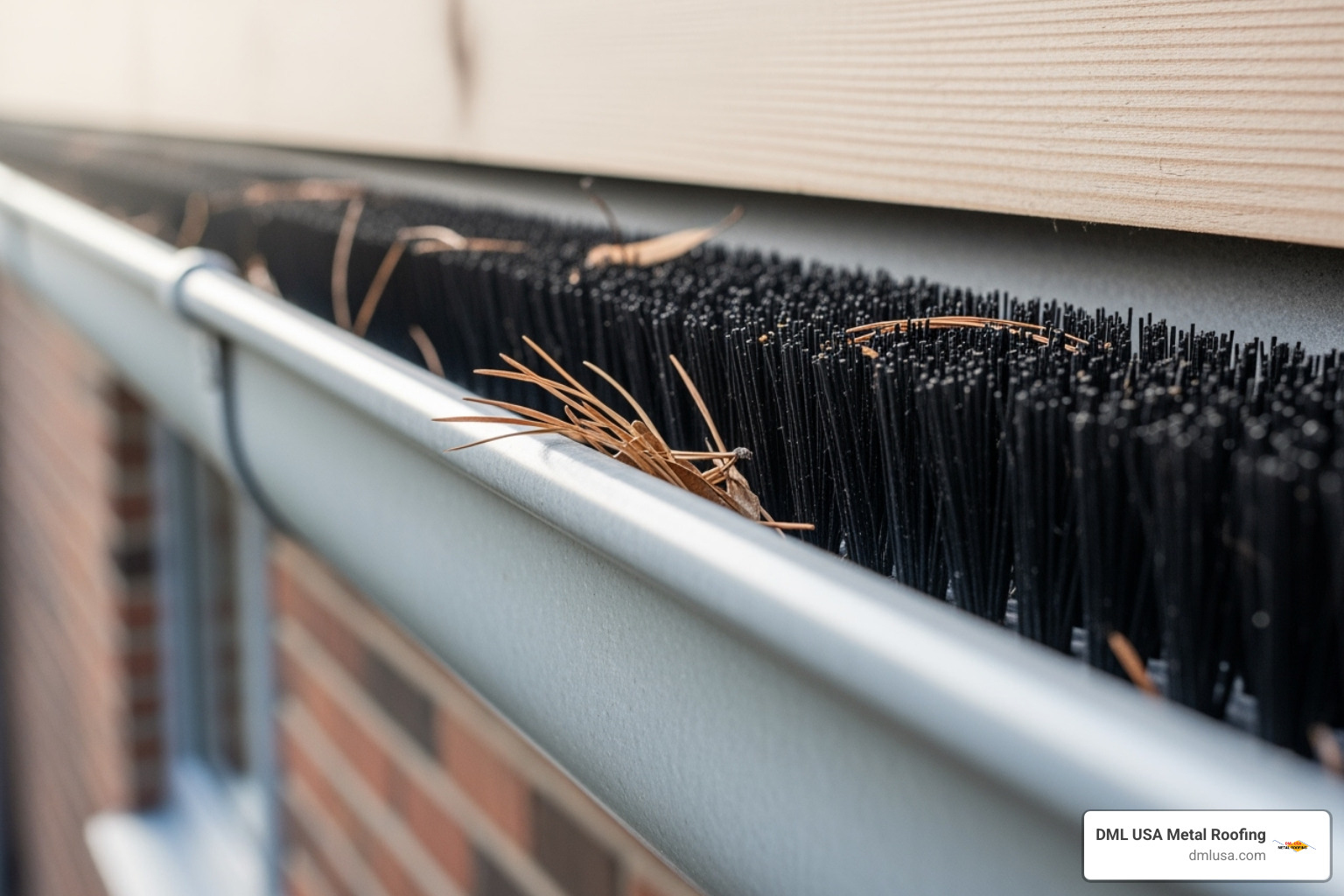 Brush-style gutter guard in metal gutter - metal building gutters and downspouts