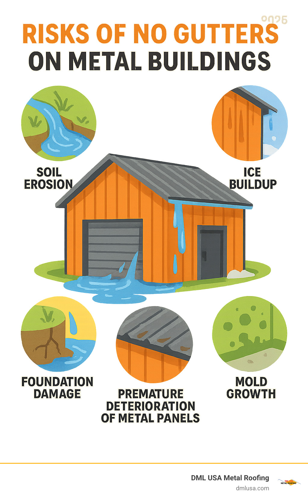 Comprehensive infographic showing the risks of not having gutters on metal buildings, including foundation damage from water pooling, soil erosion around the building perimeter, unsightly wall staining and discoloration, ice buildup creating safety hazards, premature deterioration of metal panels, and mold growth from excess moisture - metal building gutters and downspouts infographic 