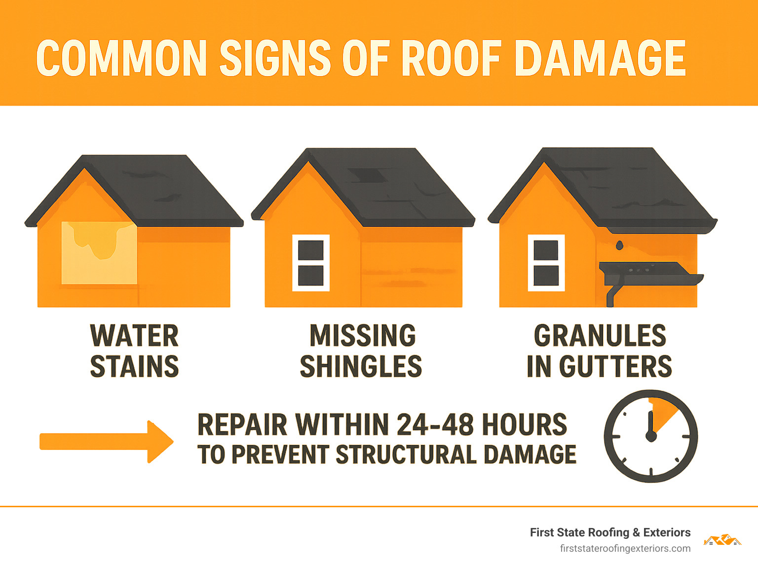 Common signs of roof damage including water stains, missing shingles, granules in gutters, and sagging areas, with timeline showing importance of addressing repairs within 24-48 hours to prevent structural damage - roof repair smyrna infographic 