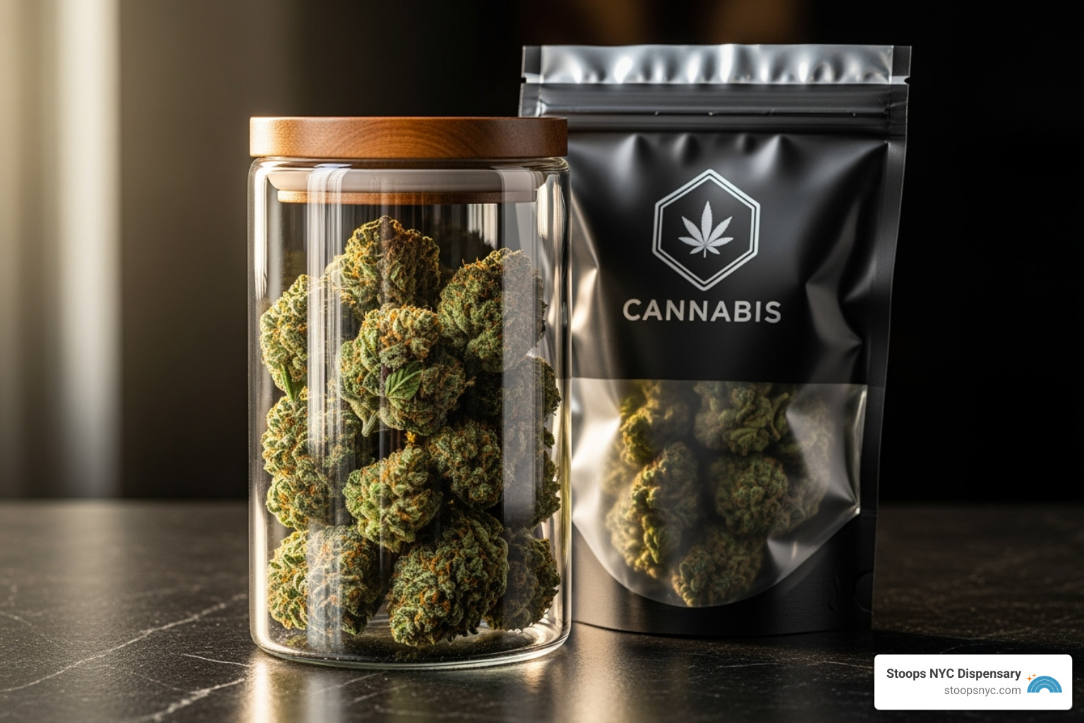 Premium glass cannabis jar next to a Mylar bag - rolling green cannabis Premium glass cannabis jar next to a Mylar bag - rolling green cannabis