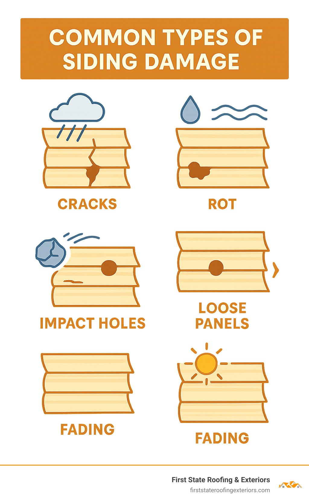 Common Types of Siding Damage Including Cracks from Weather Exposure, Rot from Moisture Infiltration, Warping from Temperature Changes, Impact Holes from Debris, Loose Panels from Wind Damage, and Fading from UV Exposure - exterior siding repair infographic infographic-line-3-steps-blues-accent_colors