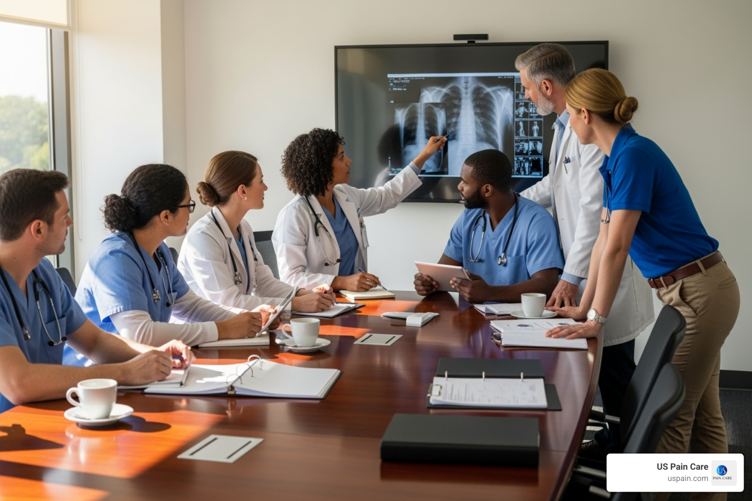Diverse healthcare team collaborating around a table - pain management rehabilitation services Diverse healthcare team collaborating around a table - pain management rehabilitation services