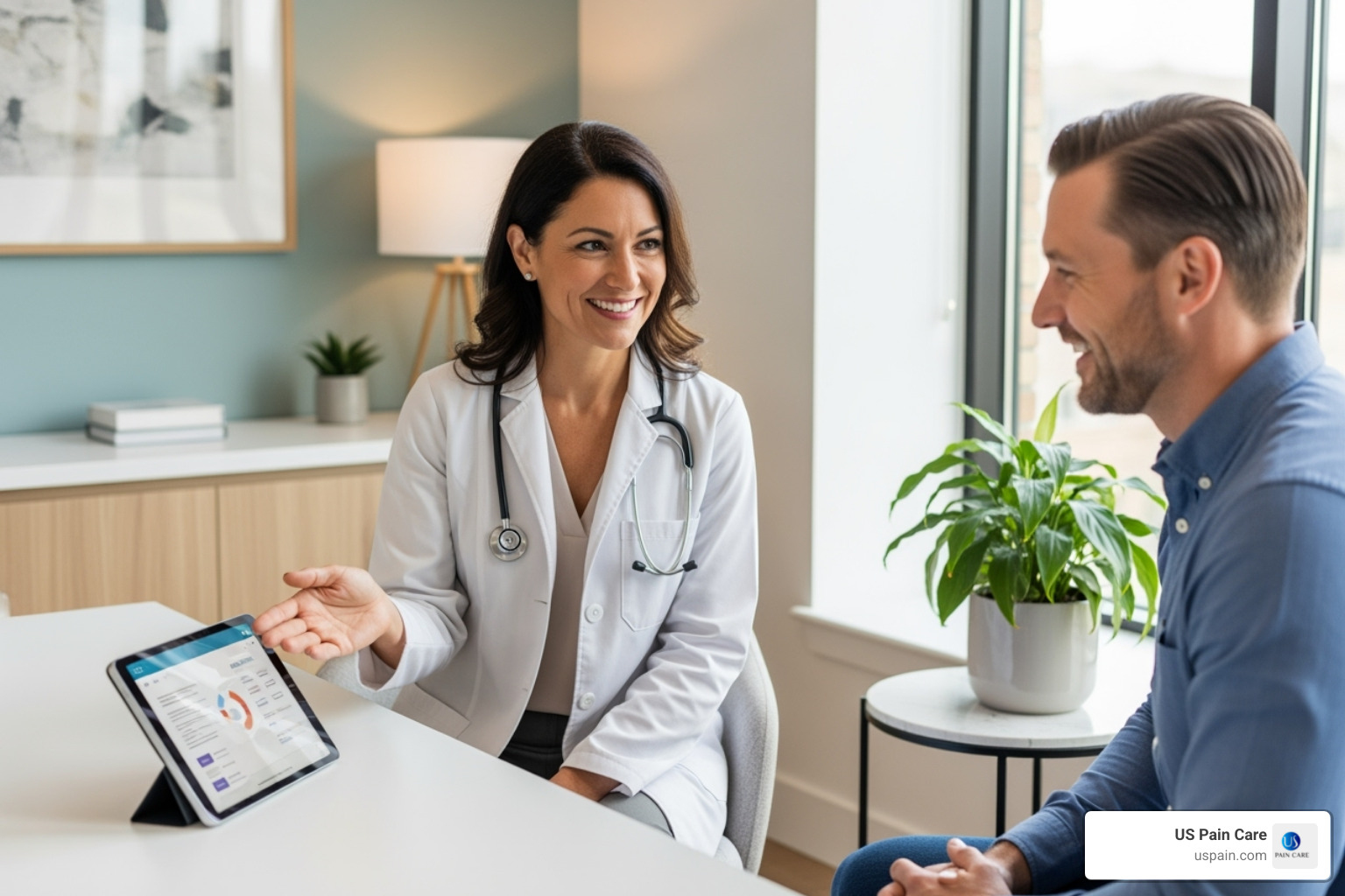 Patient and doctor discussing a treatment plan with a positive and supportive atmosphere - pain management rehabilitation services Patient and doctor discussing a treatment plan with a positive and supportive atmosphere - pain management rehabilitation services