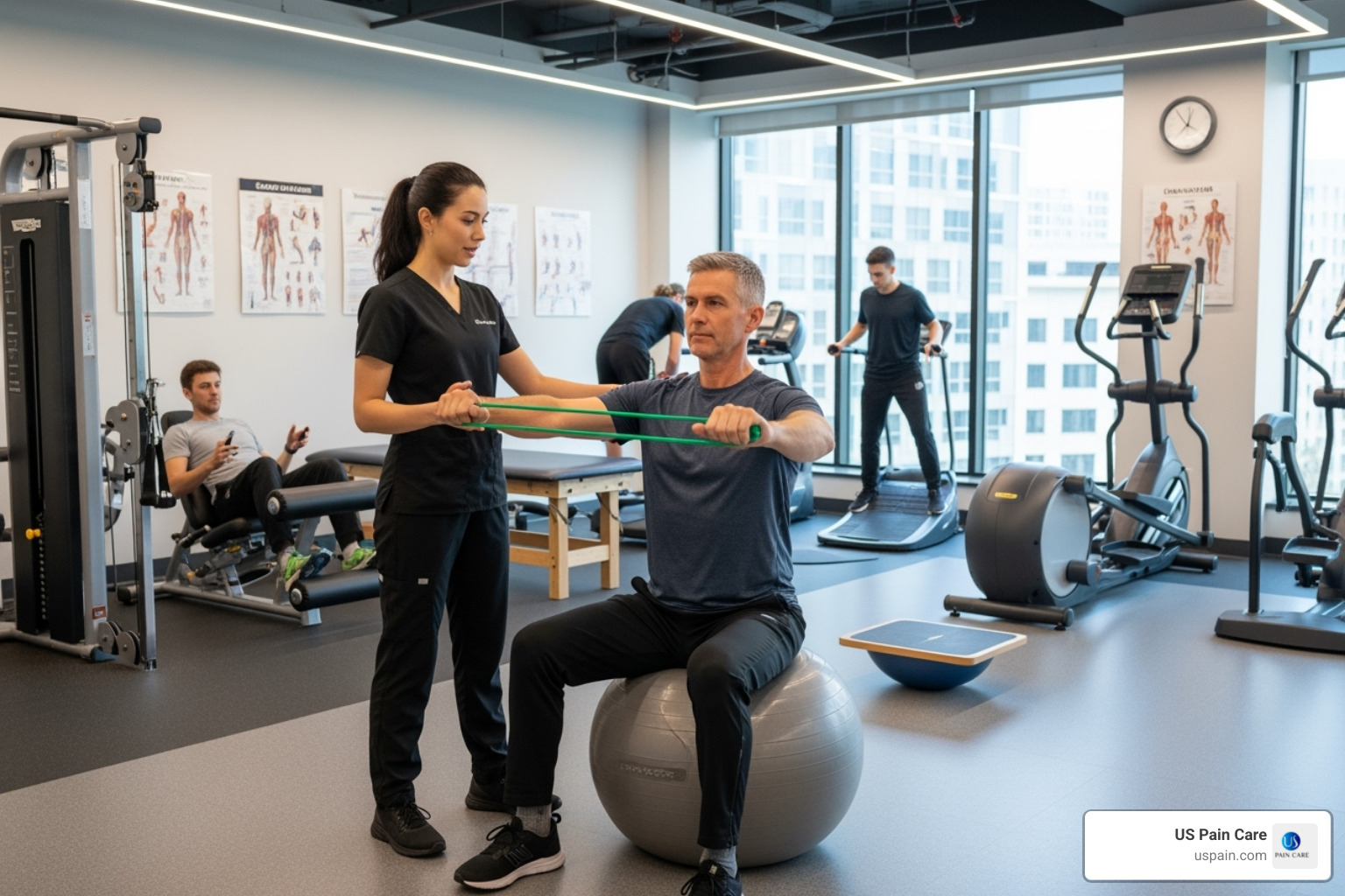 Patient working with a physical therapist using modern equipment - pain management rehabilitation services Patient working with a physical therapist using modern equipment - pain management rehabilitation services
