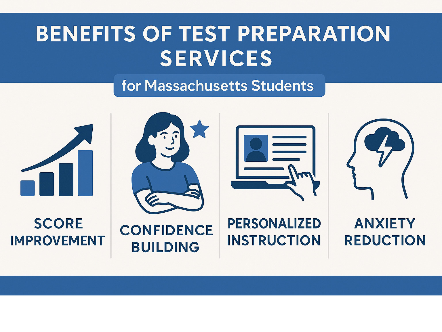 Comprehensive comparison of test preparation service benefits including score improvement, confidence building, personalized instruction methods, and anxiety reduction strategies for Massachusetts students - test preparation services infographic 