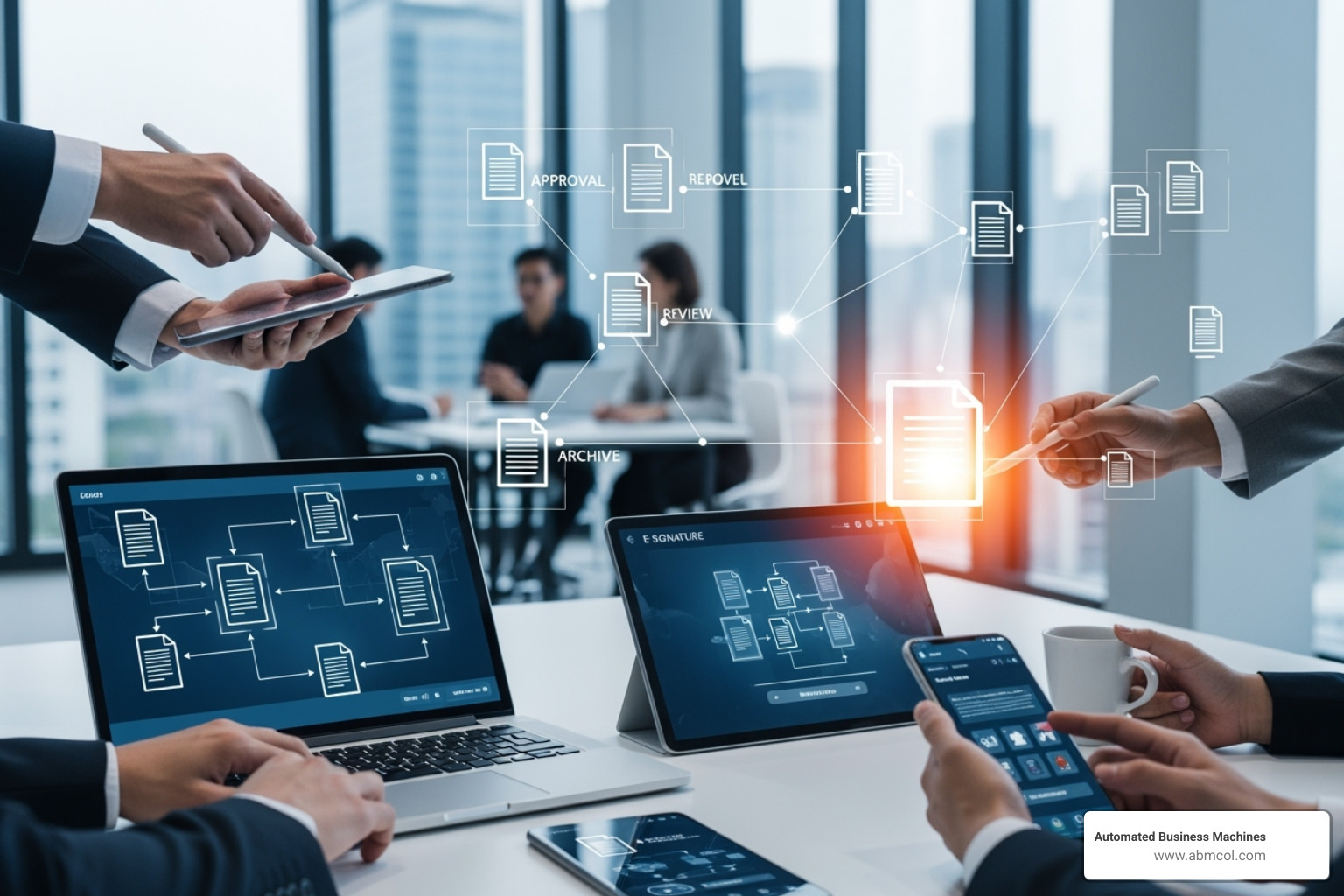 A futuristic dashboard showing AI analyzing documents and automating processes, with data visualizations and intelligent routing pathways illuminated on the screen - digital document workflows