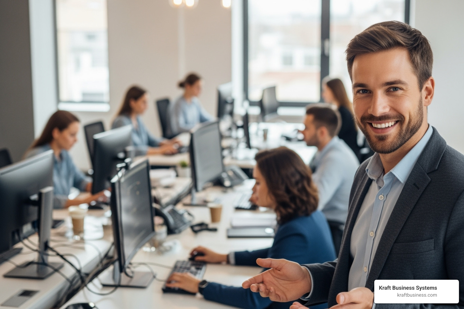 business owner focusing on customers while a tech team works in the background - it services services