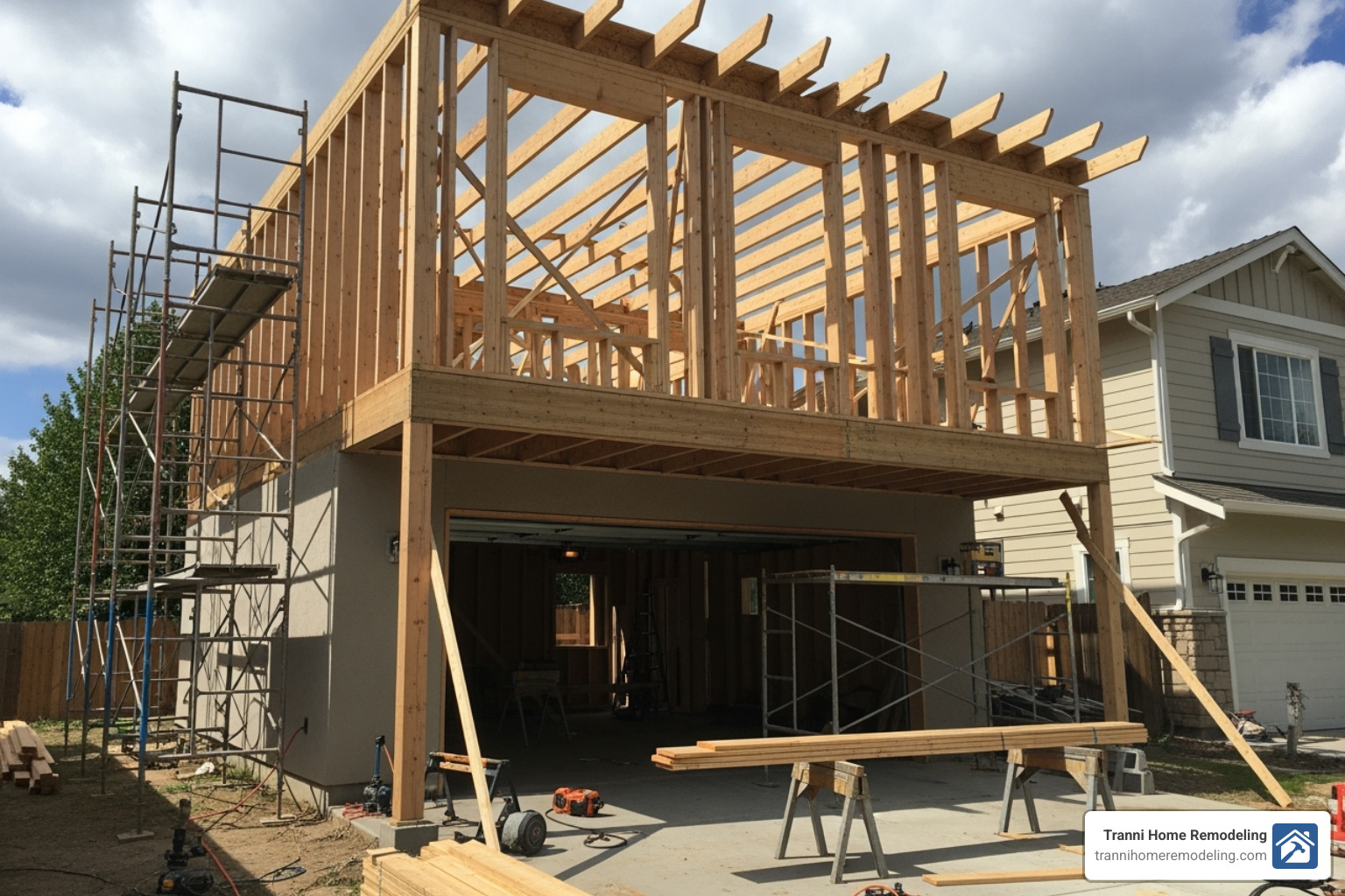 garage addition in the framing stage - adding room above garage