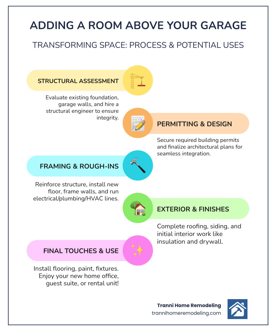 Comprehensive guide showing the process of adding room above garage including structural assessment, permits, construction phases, and popular room uses like home office, guest suite, and rental unit - adding room above garage infographic infographic-line-5-steps-colors