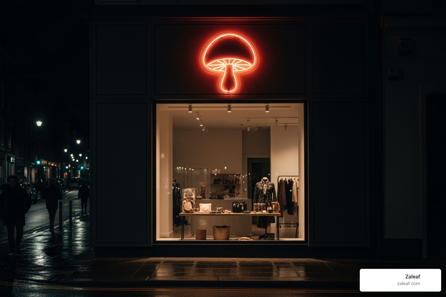 A discreet, modern storefront with a neon mushroom sign - magic mushrooms for sale