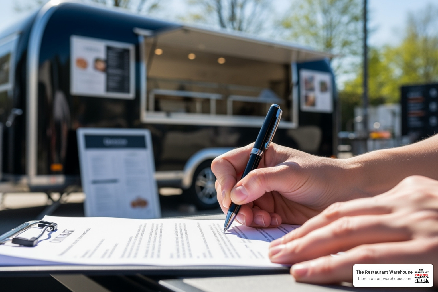 A close-up image of a person's hands signing a lease document. In the blurred background, a modern catering trailer is visible, parked outdoors, symbolizing the culmination of the leasing process and the start of a mobile food business. - catering trailer lease