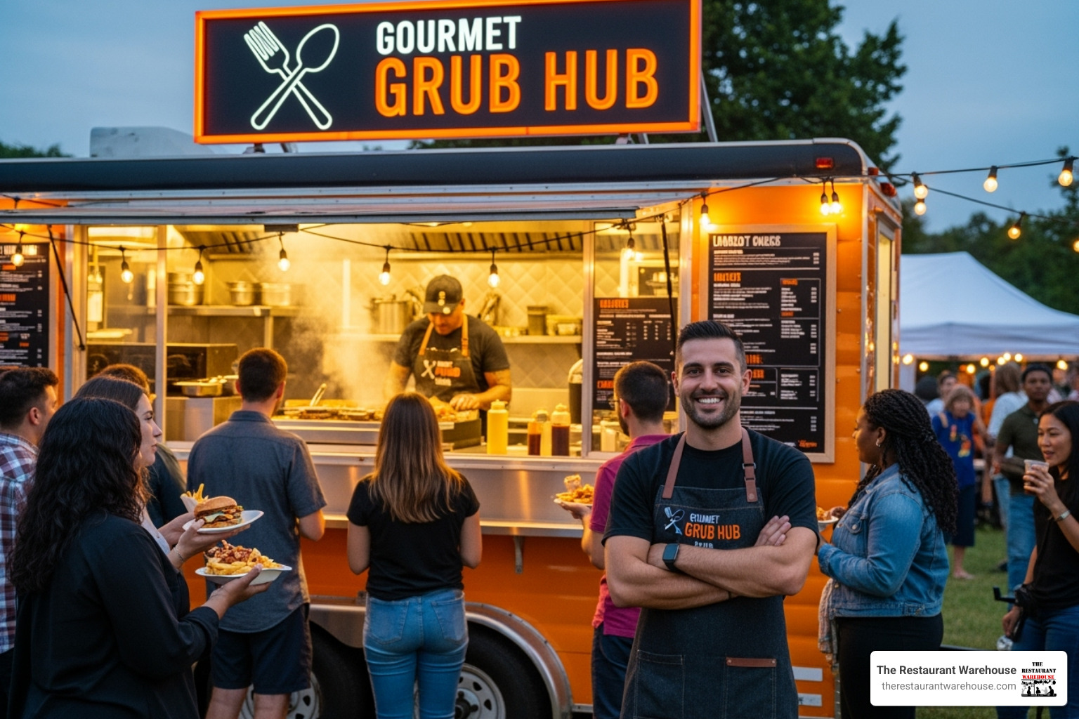 A smiling food trailer owner stands proudly in front of their busy, brightly lit food trailer at an outdoor event, serving enthusiastic customers. The trailer is well-branded and appears to be a hub of activity, symbolizing success and customer satisfaction. - catering trailer lease
