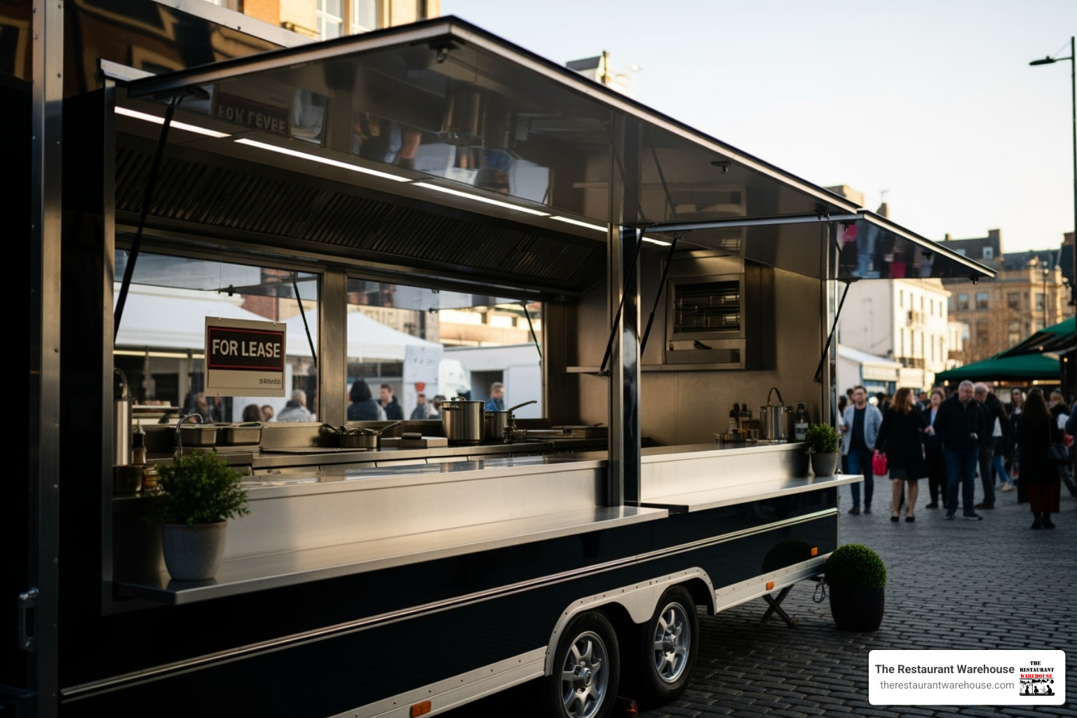 A collage image displaying various types of catering trailers. On the left, a sleek, modern, small coffee trailer with a large serving window. In the center, a spacious, fully equipped kitchen trailer with stainless steel interiors visible through an open door. On the right, a shiny, retro Airstream-style trailer adorned with promotional branding, suggesting its use for marketing or special events. - catering trailer lease