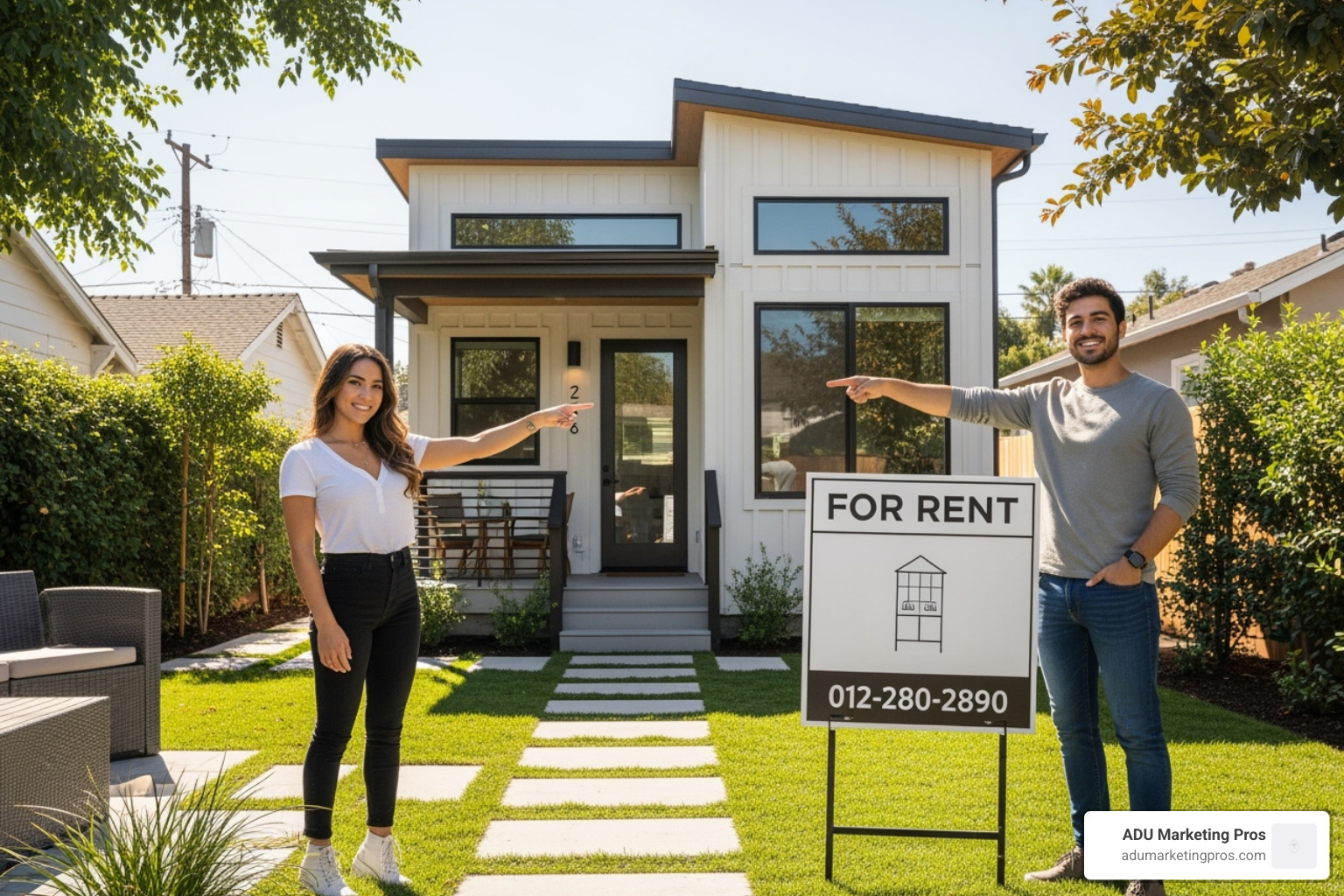 Well-designed ADU company website displayed on laptop showing project gallery, cost calculator, and client testimonials with mobile-responsive design - accessory dwelling unit marketing