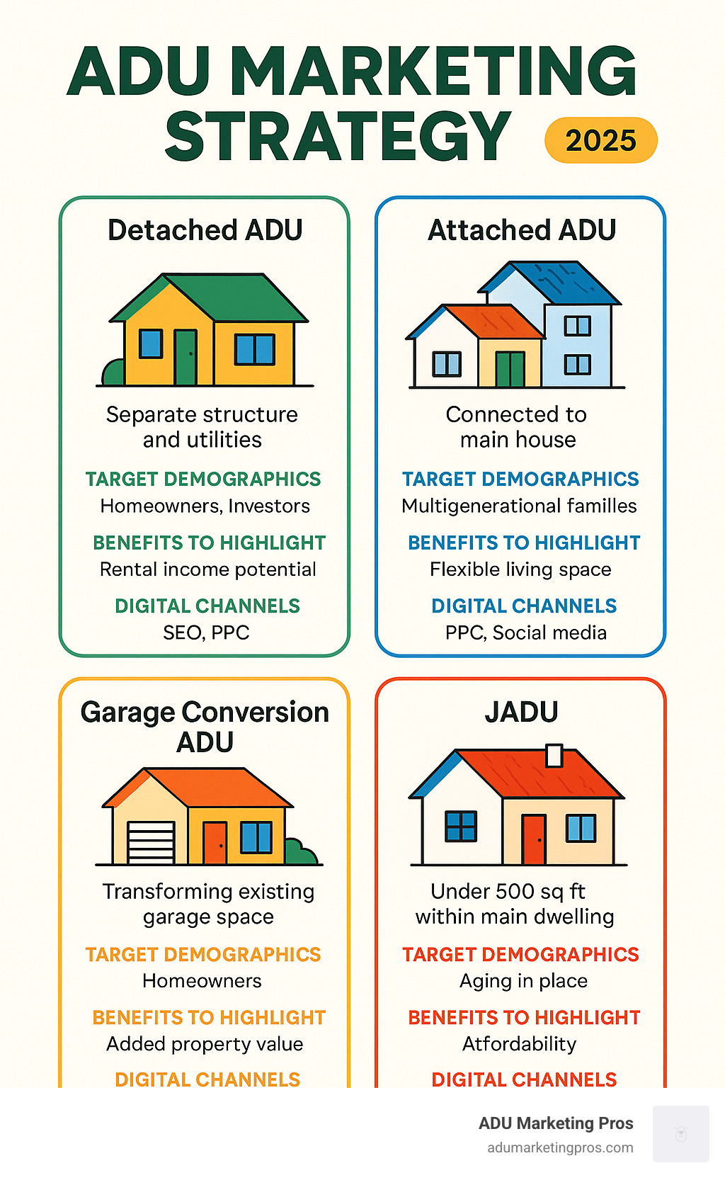 ADU Marketing Strategy Infographic showing the four main types of ADUs (Detached ADU with separate structure and utilities, Attached ADU connected to main house, Garage Conversion ADU changing existing garage space, and JADU under 500 sq ft within main dwelling) along with key marketing approaches for each type including target demographics, primary benefits to highlight, and recommended digital channels - accessory dwelling unit marketing infographic