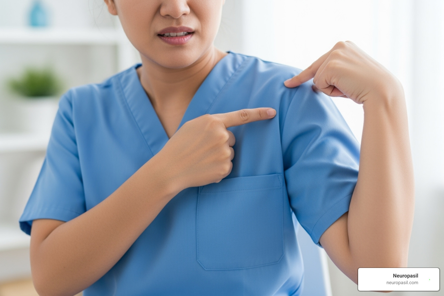 Person pointing to different areas of shoulder pain - Shoulder muscle pain