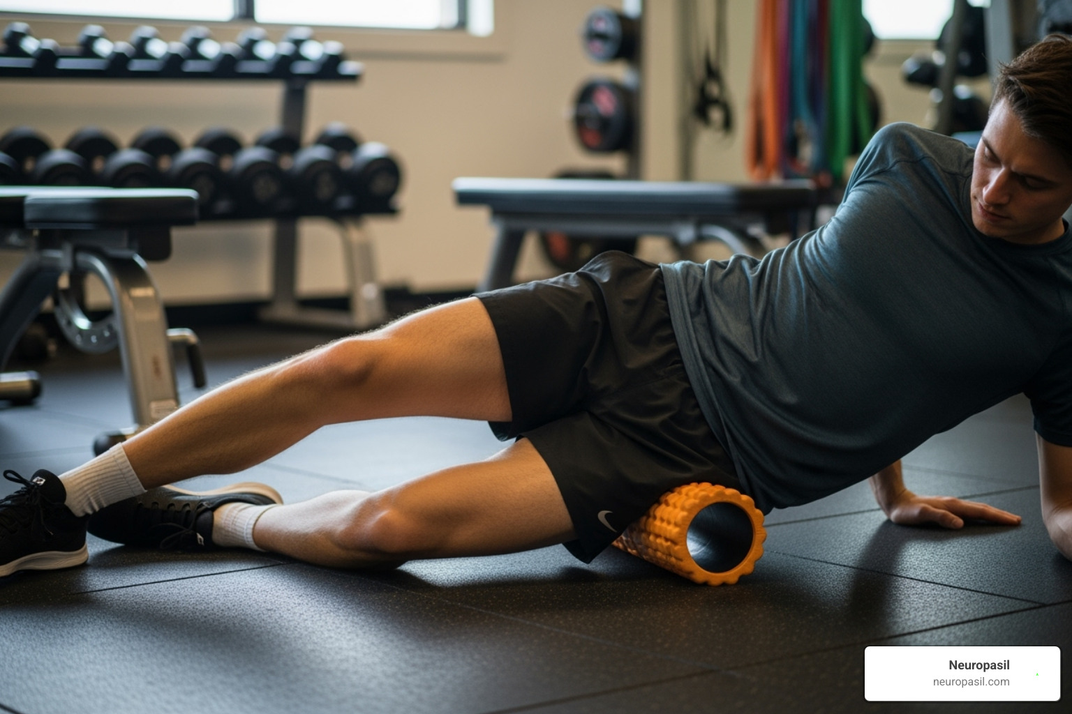 Image of someone using a foam roller on their hip/glute area - Hip muscle pain