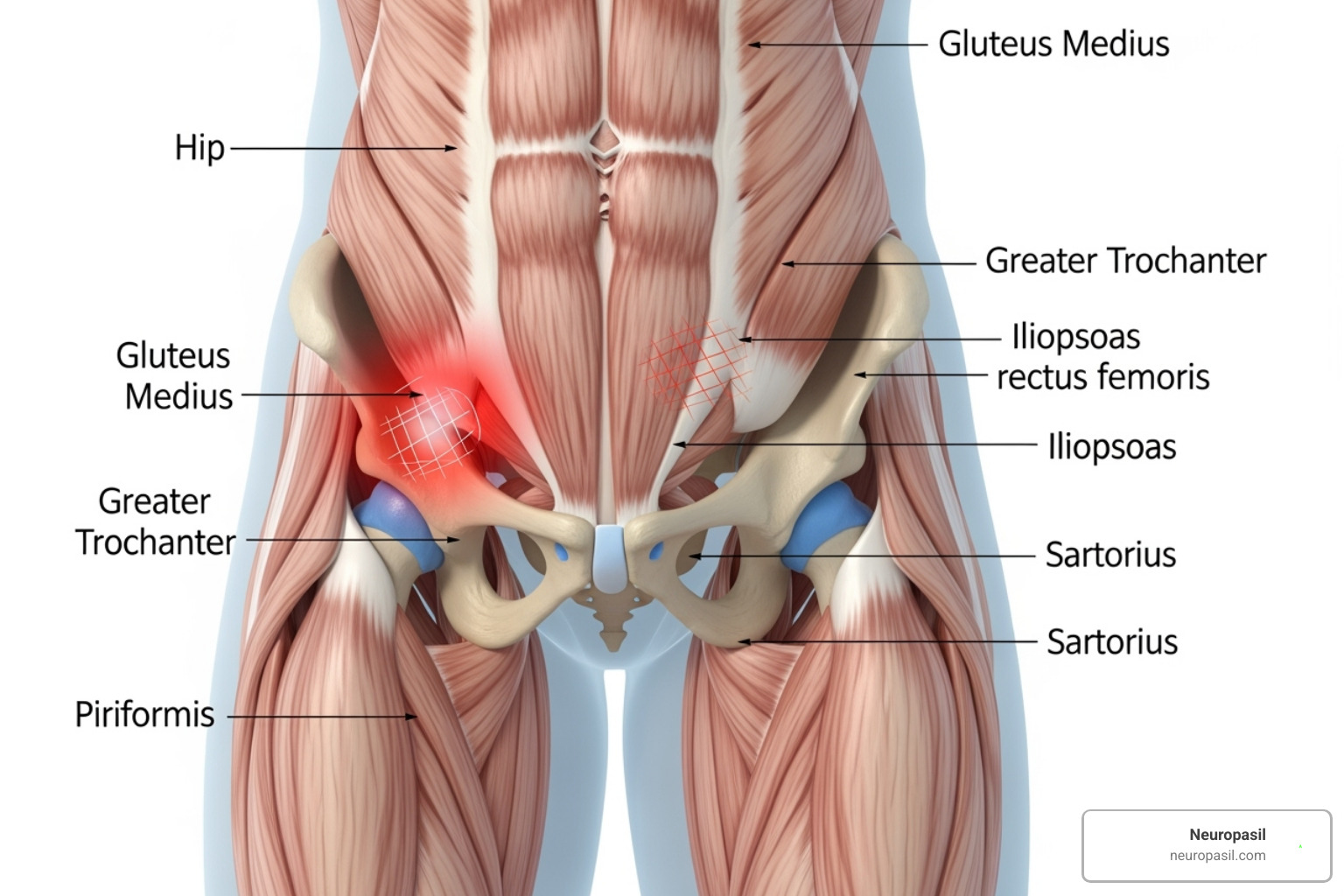 Image detailing the hip flexor, gluteal, and adductor muscle groups - Hip muscle pain