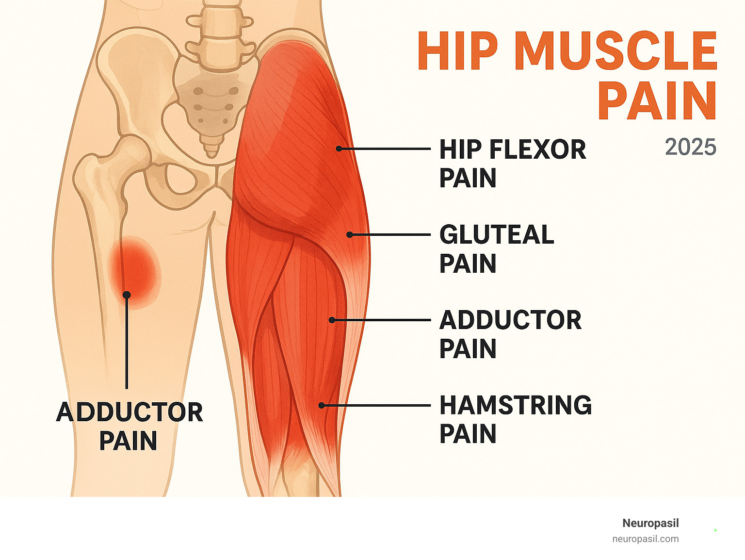 Infographic showing the anatomy of the major hip muscle groups including the hip flexors at the front, gluteal muscles on the side and back, adductors in the groin area, and hamstrings at the back of the thigh, with labels indicating common pain locations for each muscle group - Hip muscle pain infographic