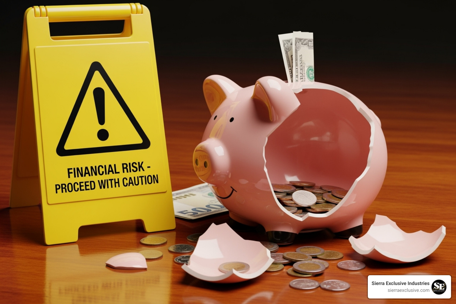 A warning sign with text that reads "Caution: Hidden Costs Ahead" and a broken piggy bank next to it - affordable web design