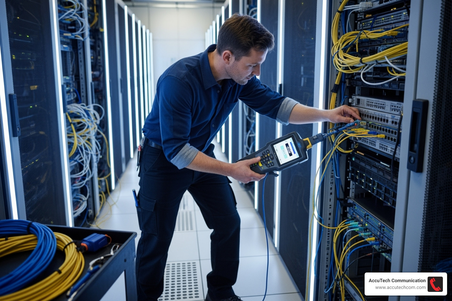 network technician testing connections with a certification tool - network cabling Boston