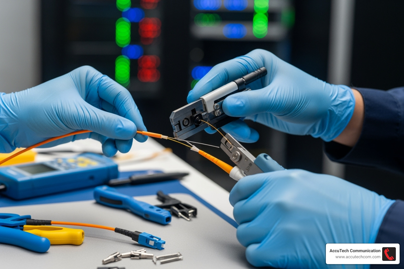 technician working on a fiber optic cable termination - network cabling Boston