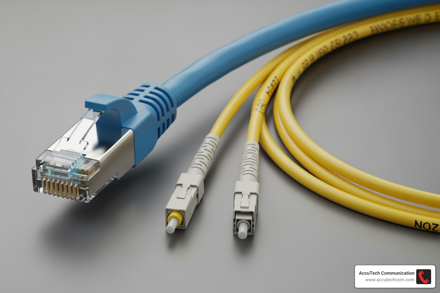 different types of network cables (Cat6, Fiber Optic) side-by-side - network cabling Boston