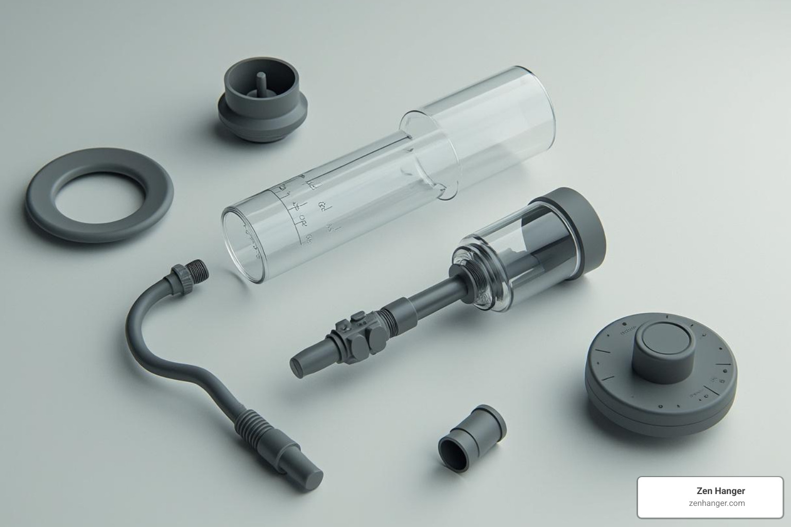 Disassembled penis pump with labeled parts - photo of penis pump