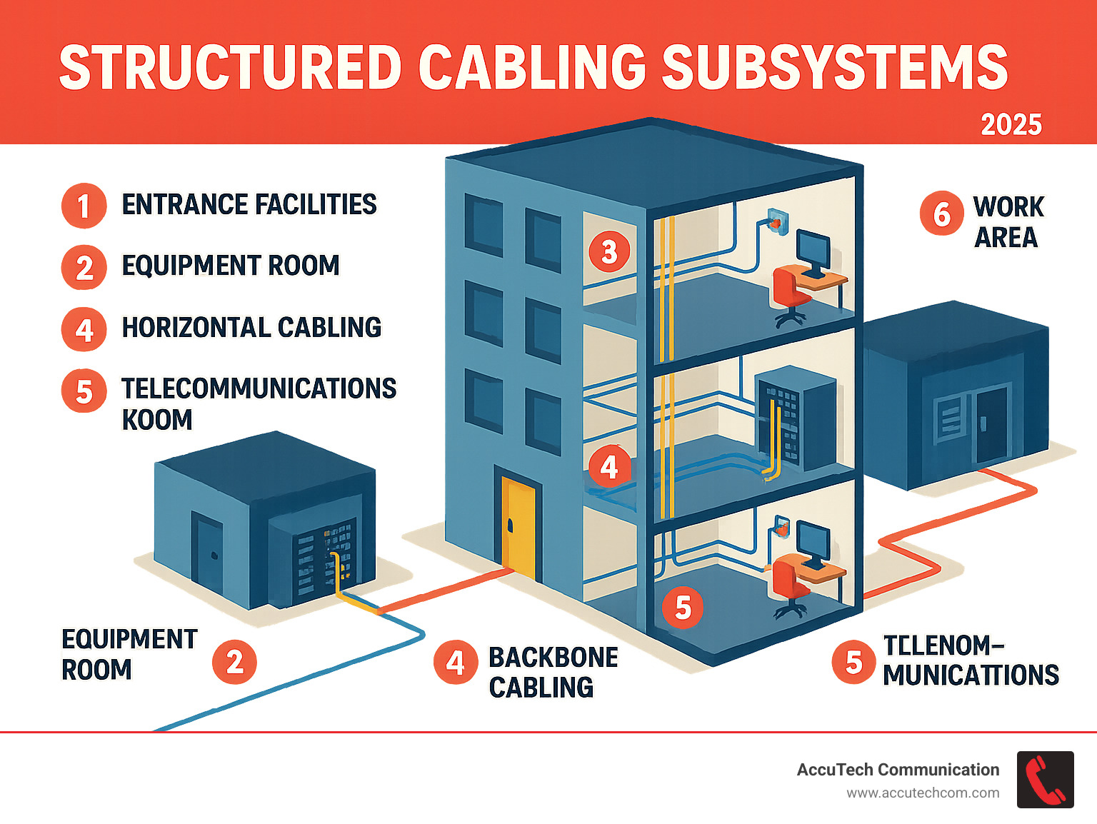 Infographic showing the 6 subsystems of structured cabling: entrance facilities at building entry, equipment rooms housing main network gear, backbone cabling connecting floors and buildings, horizontal cabling running to work areas, telecommunications rooms on each floor, and work area components including outlets and patch cords - network cabling Boston infographic 
