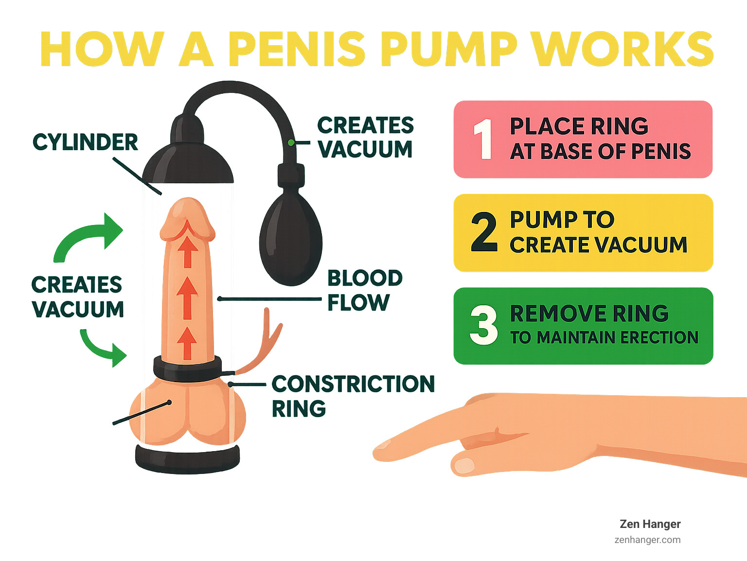 Detailed infographic showing cross-section of penis pump mechanism with labeled components including cylinder, vacuum creation process, blood flow arrows, constriction ring placement, and step-by-step usage instructions - photo of penis pump infographic 