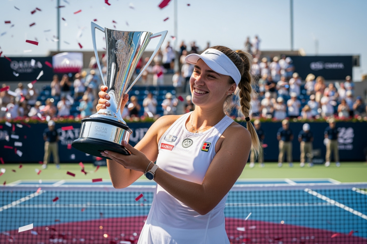 Amanda Anisimova holding the 2025 Qatar Open trophy, beaming with pride - amanda anisimova