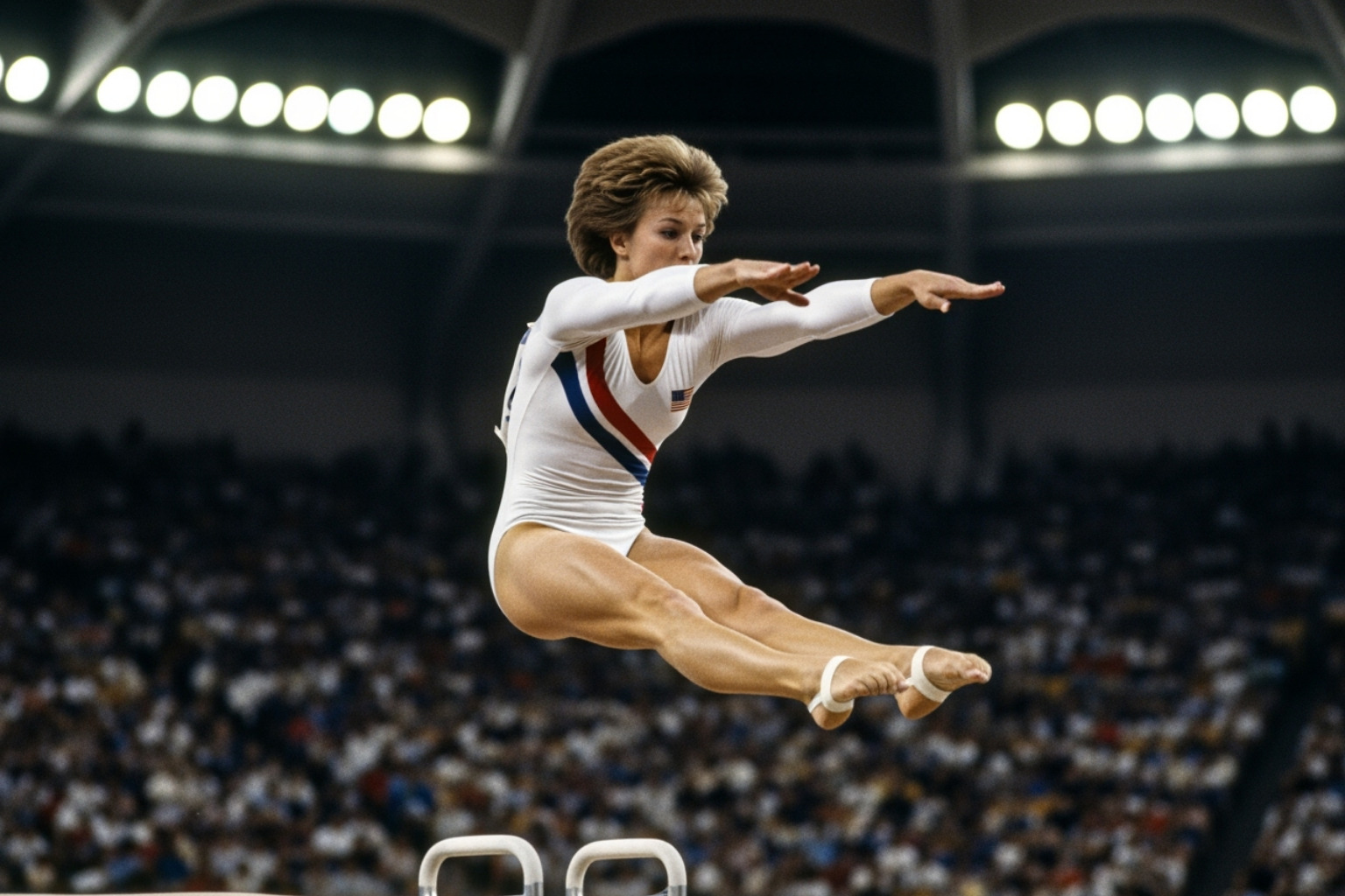Mary Lou Retton in mid-air during a vault at the 1984 Los Angeles Olympics, showcasing her powerful performance - mary lou retton