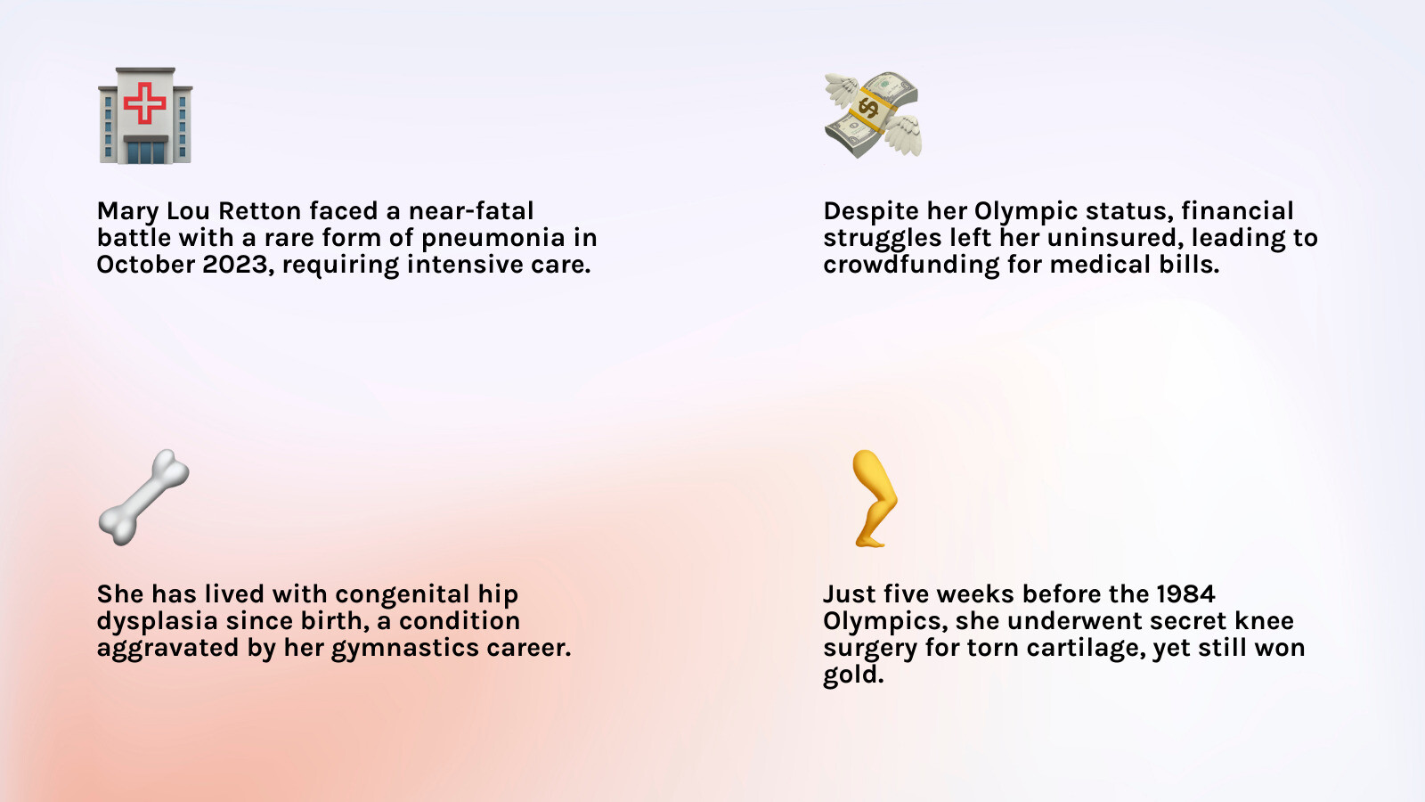 Detailed timeline infographic showing Mary Lou Retton's major milestones from 1968 birth through 2025, including Olympic victory in 1984, retirement in 1986, marriage in 1990, divorce in 2018, pneumonia crisis in 2023, and DUI arrest in 2025, with health challenges marked throughout - mary lou retton infographic 4_facts_emoji_light-gradient