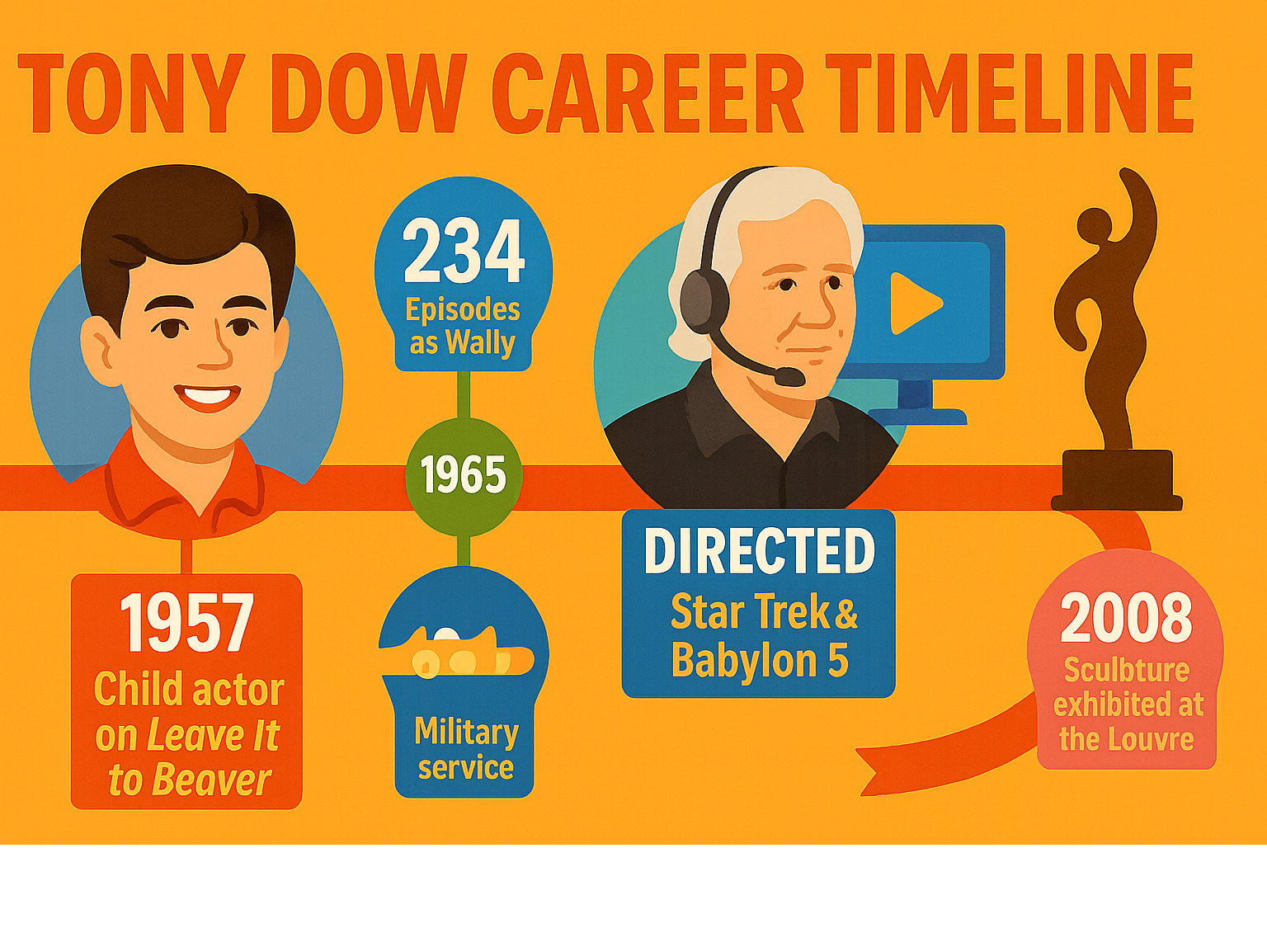 Tony Dow career timeline showing his evolution from child actor on Leave It to Beaver to television director and internationally recognized sculptor, with key milestones including his 234 episodes as Wally Cleaver, military service, directing credits on Star Trek and Babylon 5, and his bronze sculpture exhibition at the Louvre in Paris - tony dow infographic 
