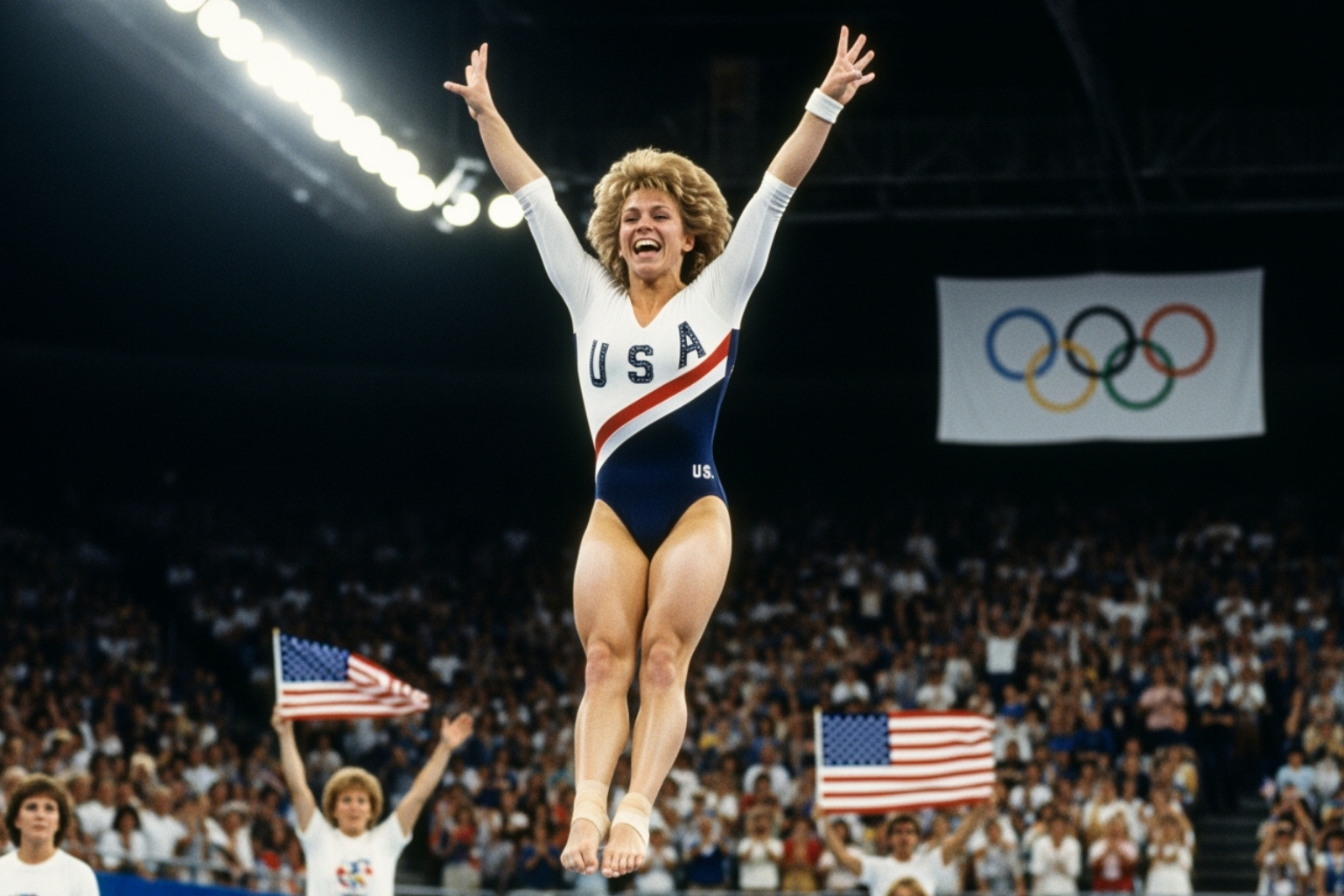 Mary Lou Retton sticking her perfect 10 vault at the 1984 Olympics - mary lou retton