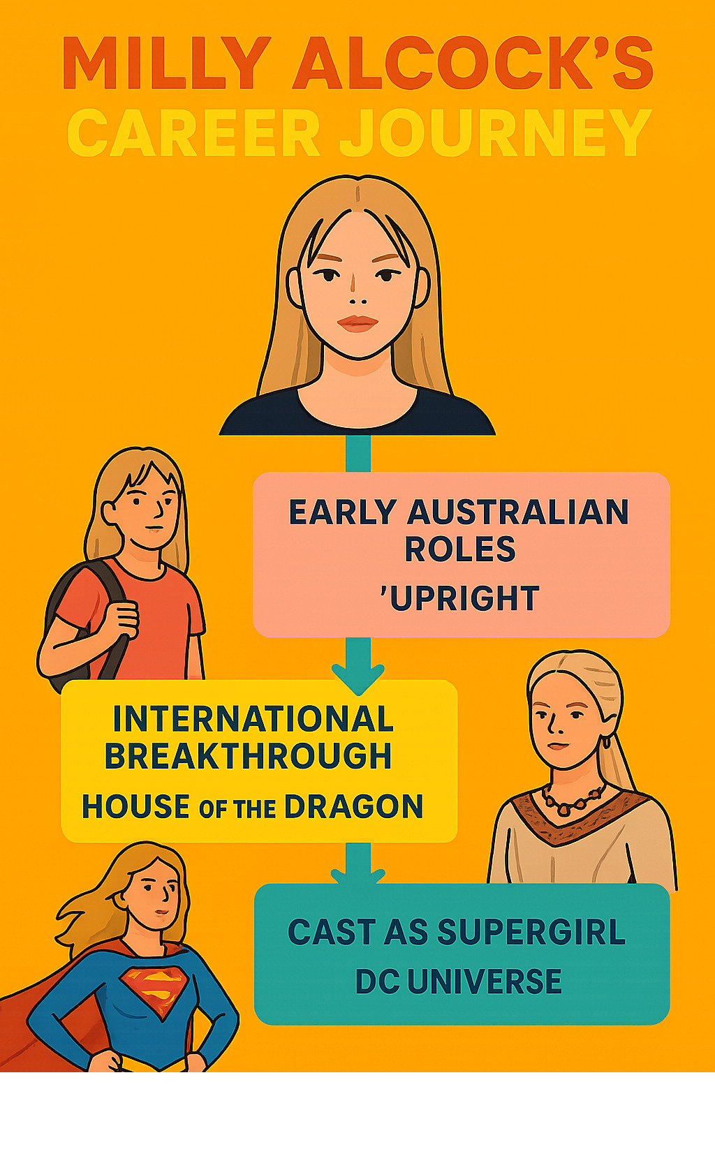 Infographic showing Milly Alcock's career journey from early Australian roles like 'Upright' to her international breakthrough in 'House of the Dragon' and her casting as Supergirl in the DC Universe. - milly alcock infographic 