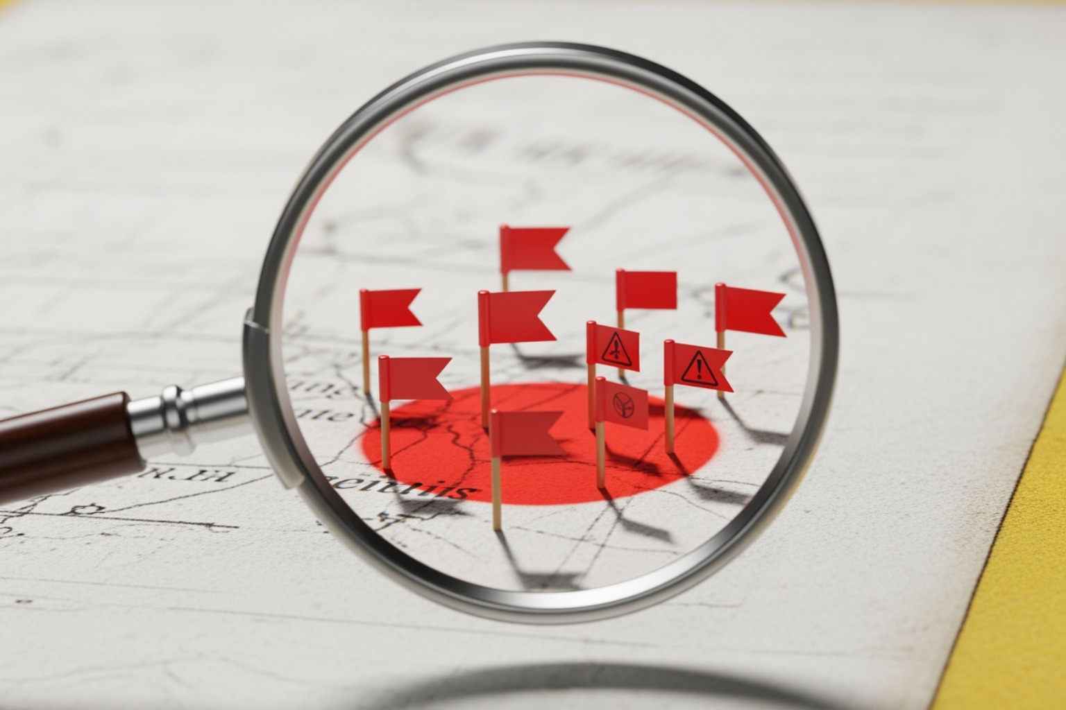 magnifying glass highlighting red flags - online event scookievent
