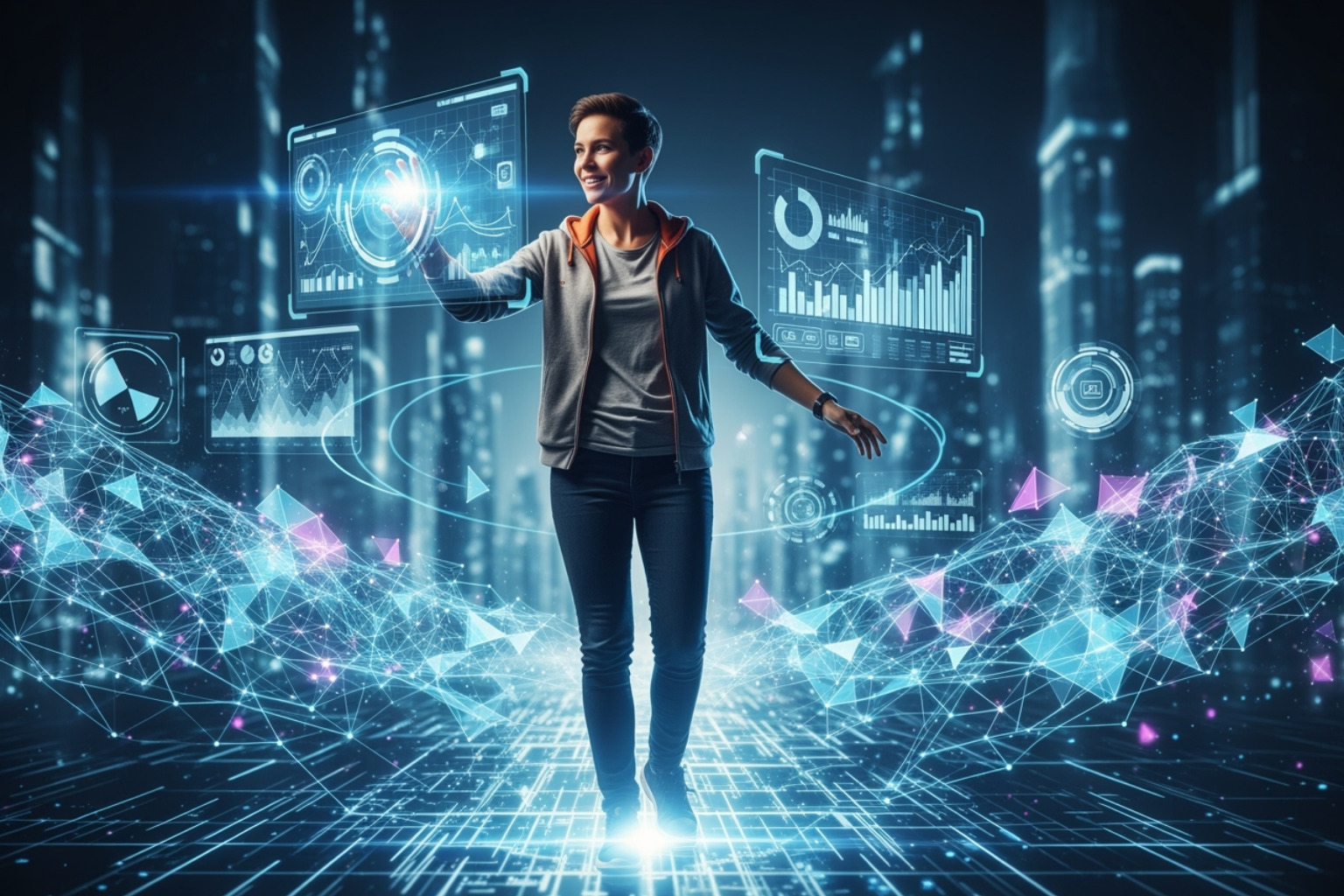 A person confidently navigating a digital landscape, smiling - the online event scookievent