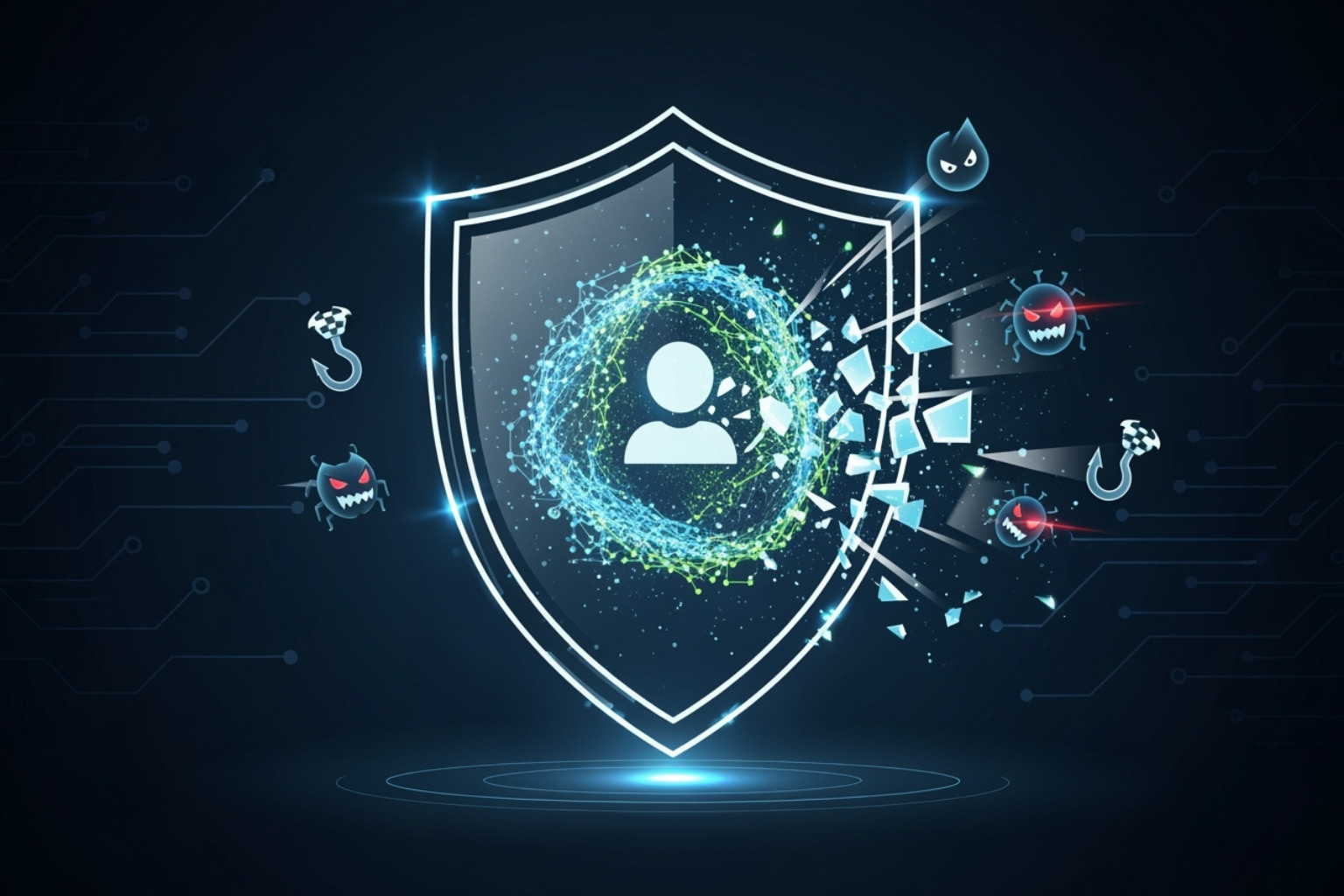 A shield icon protecting a user's data from digital threats like phishing hooks and malware bugs - the online event scookievent