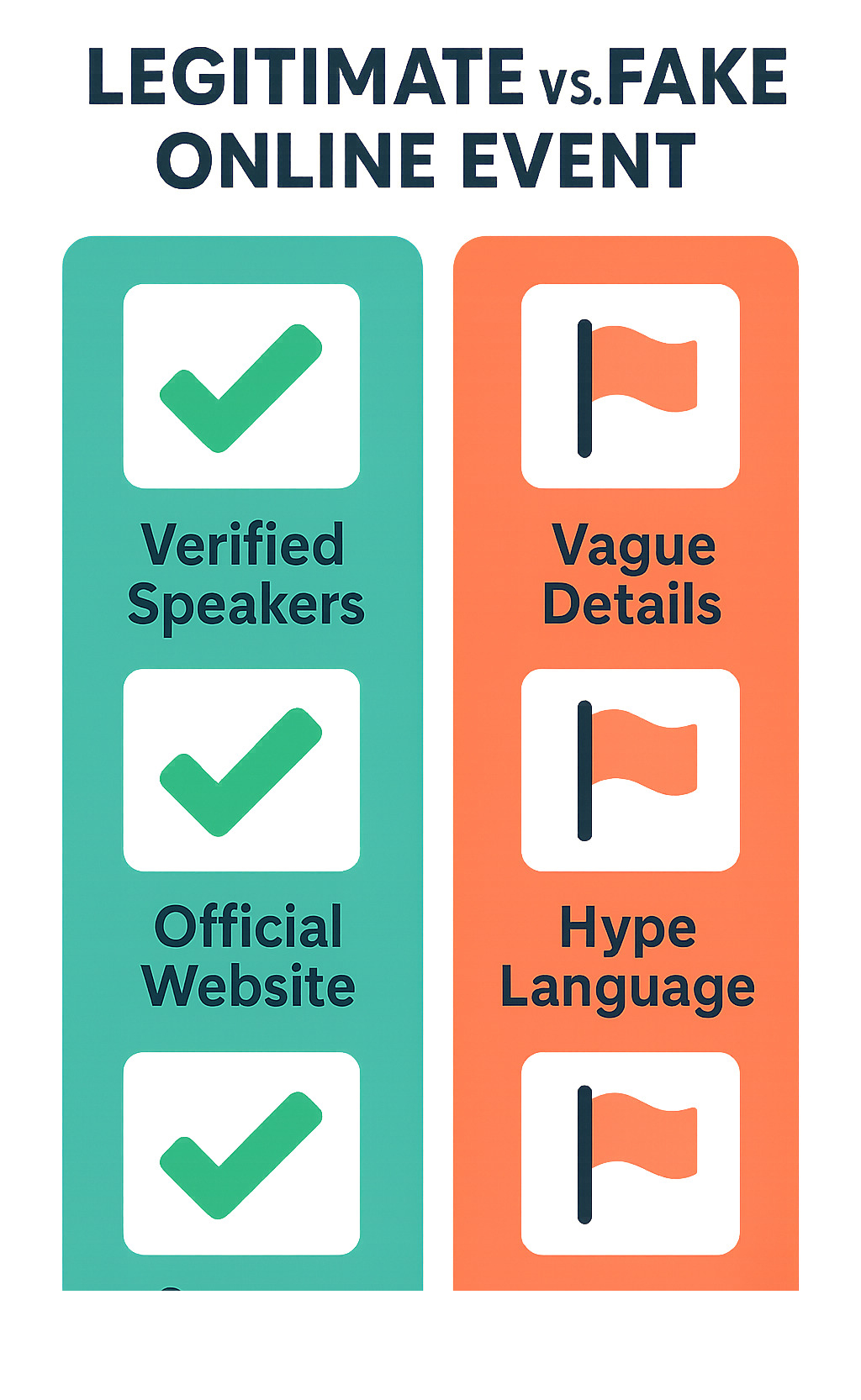 Infographic explaining the key differences between a legitimate online event and a fake one, with checklist icons for "Verified Speakers," "Official Website," and "Secure Registration" vs. red flags like "Vague Details" and "Hype Language." - the online event scookievent infographic 