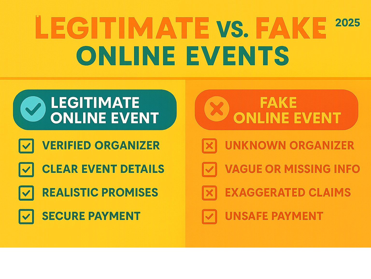 explaining the key differences between a legitimate online event and a fake one, with checklist points. - online event scookievent infographic 